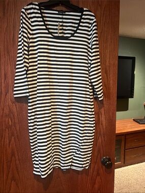 Express Black and White Striped Midi Shift Dress